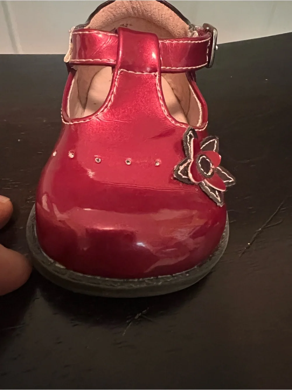 FootMates Shiny Red T-Strap Flower Mary Janes
